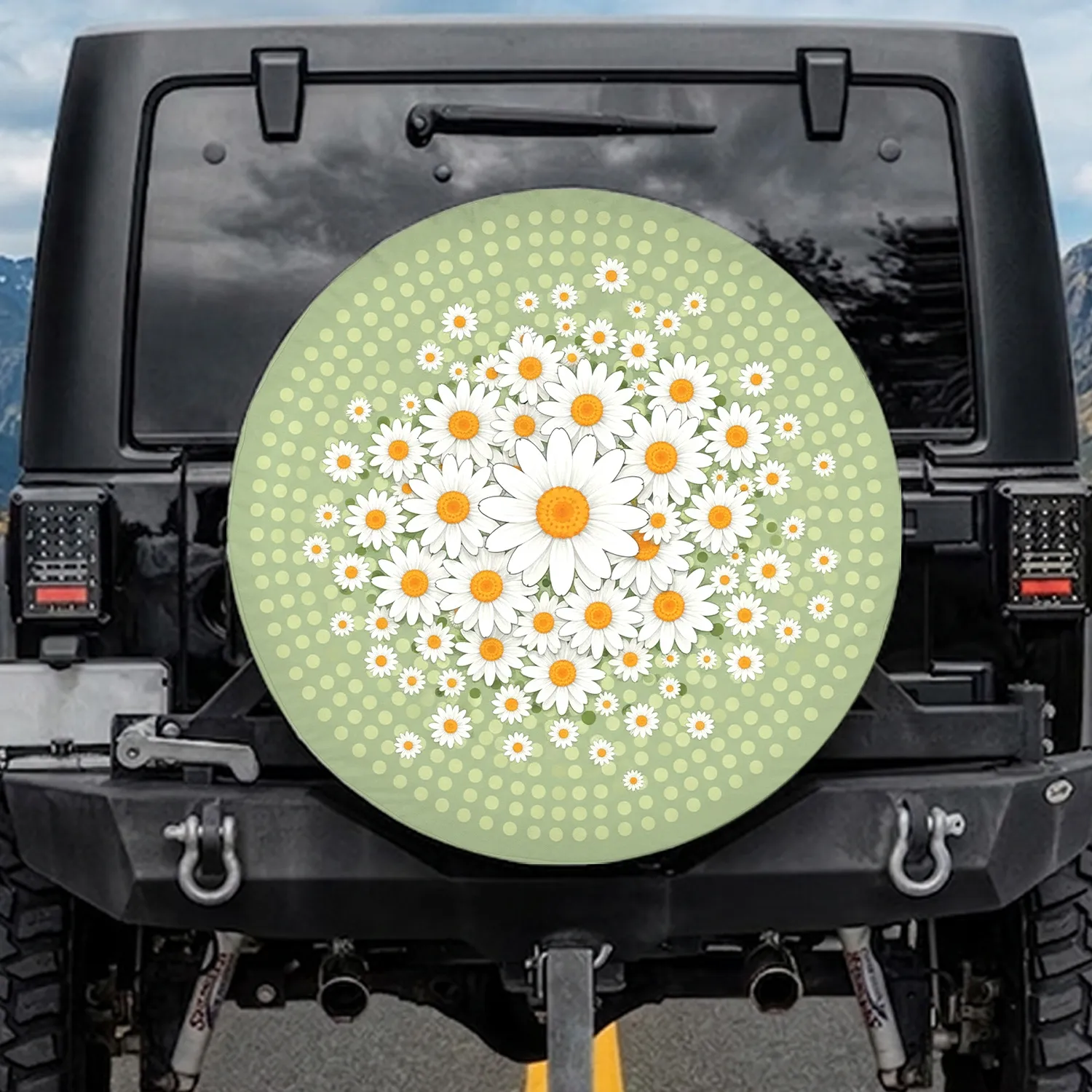 White Daisy Floral Field Olive Green Polka Dot - Outdoor Decor Gift for Garden Lover Spare Tire Cover - 1