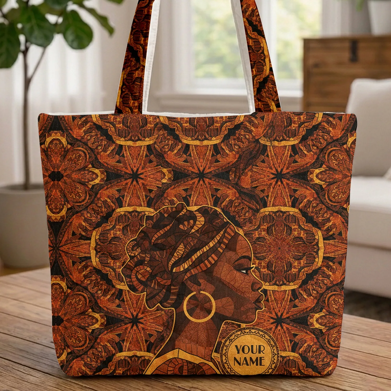 African Woman Decorative Hair Golden Earring Mosaic Quilt - Everyday Carry Gift for Her Quilted Tote Bag - 1
