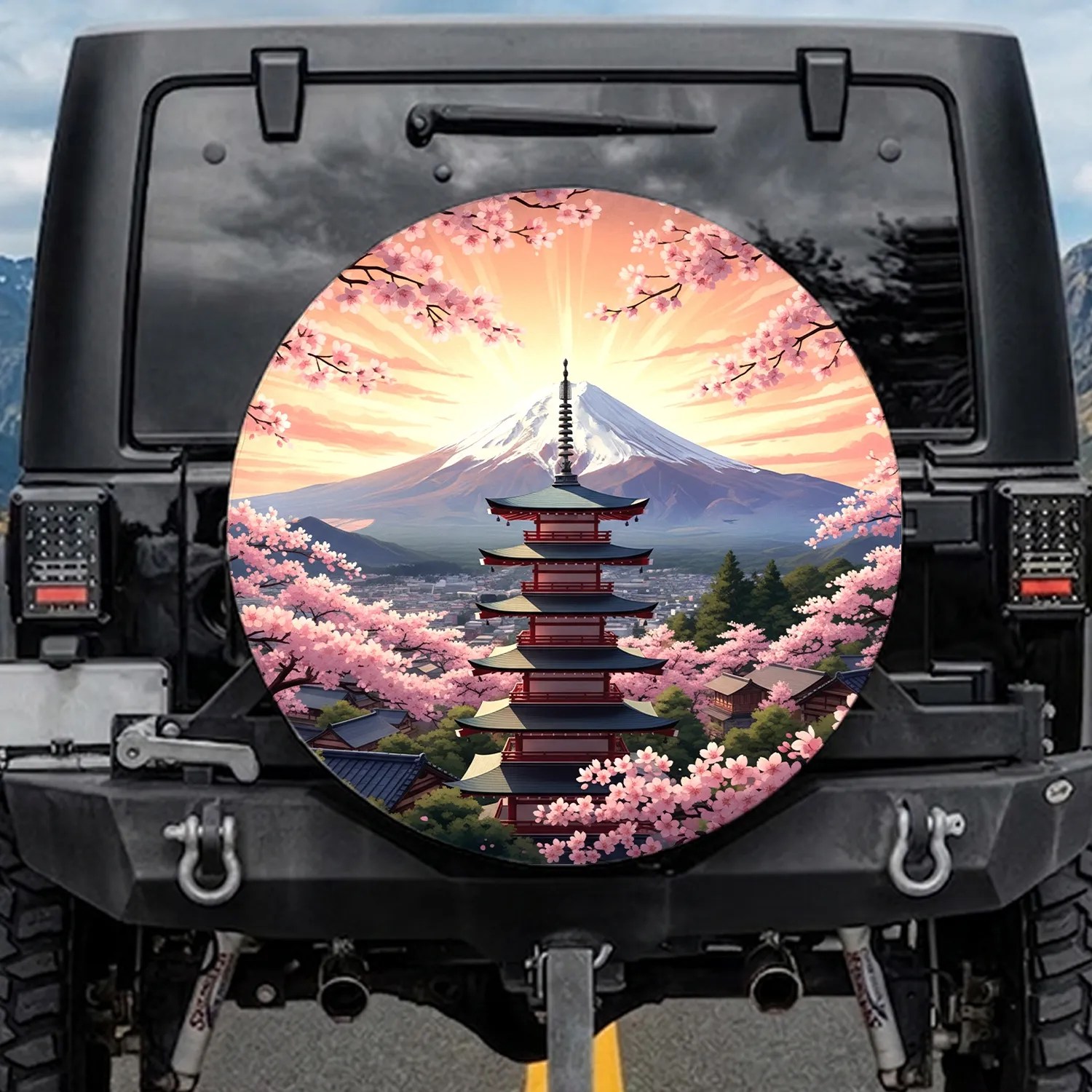 Mount Fuji Japanese Pagoda Cherry Blossom Sunset - Japanese Scenery Travel Essentials Spare Tire Cover - 1