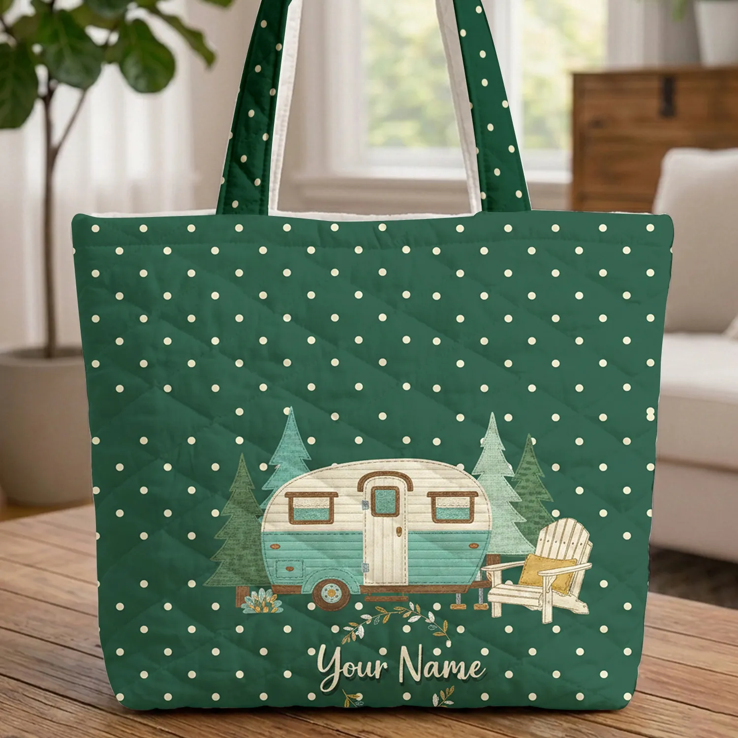 Vintage Travel Trailer Pine Trees Floral Wreath Everyday Carry Gift Quilted Tote Bag - 1