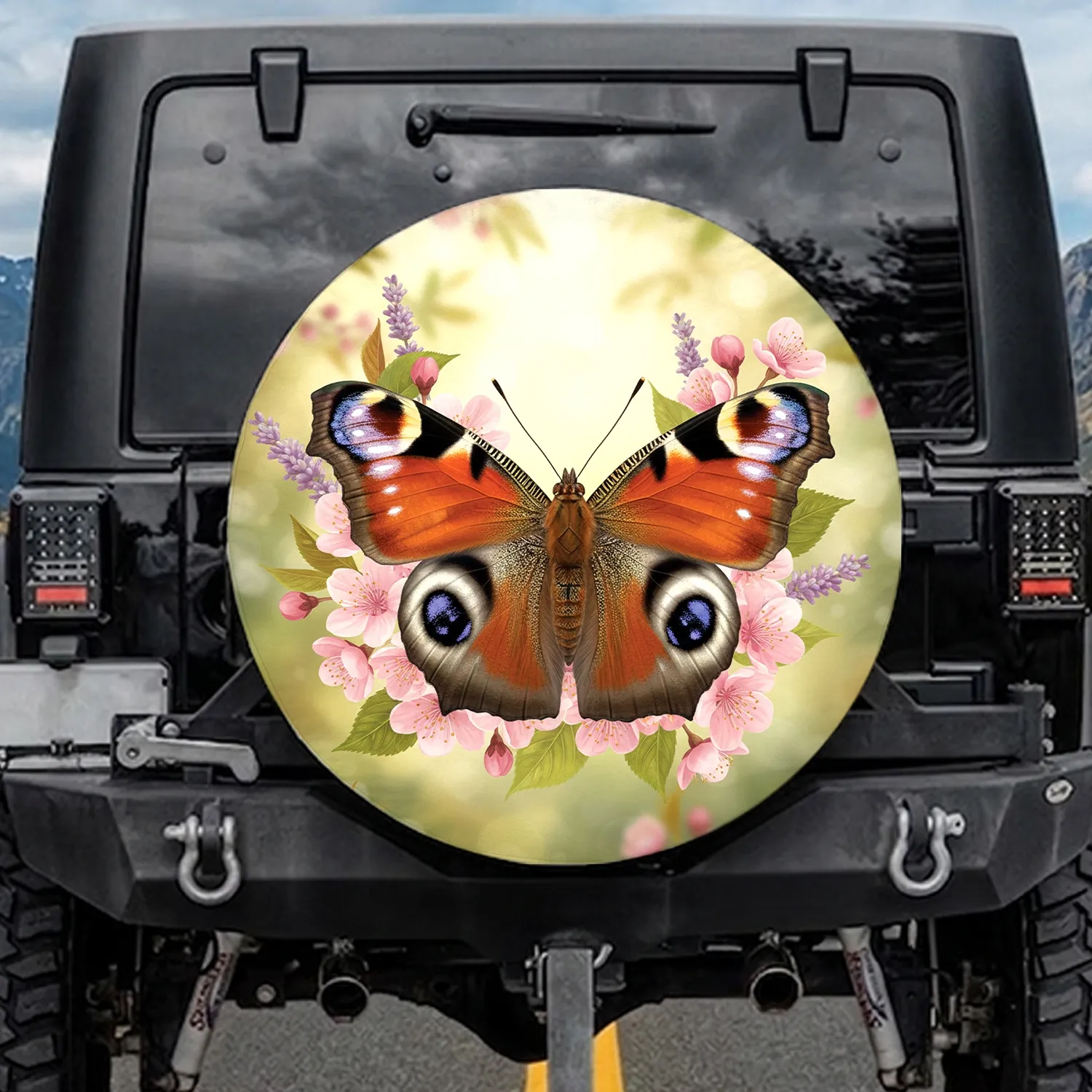 Peacock Butterfly Blue Eyespots Orange Brown Wings Pink Blossom Garden - Nature Gift Spare Tire Cover - 1