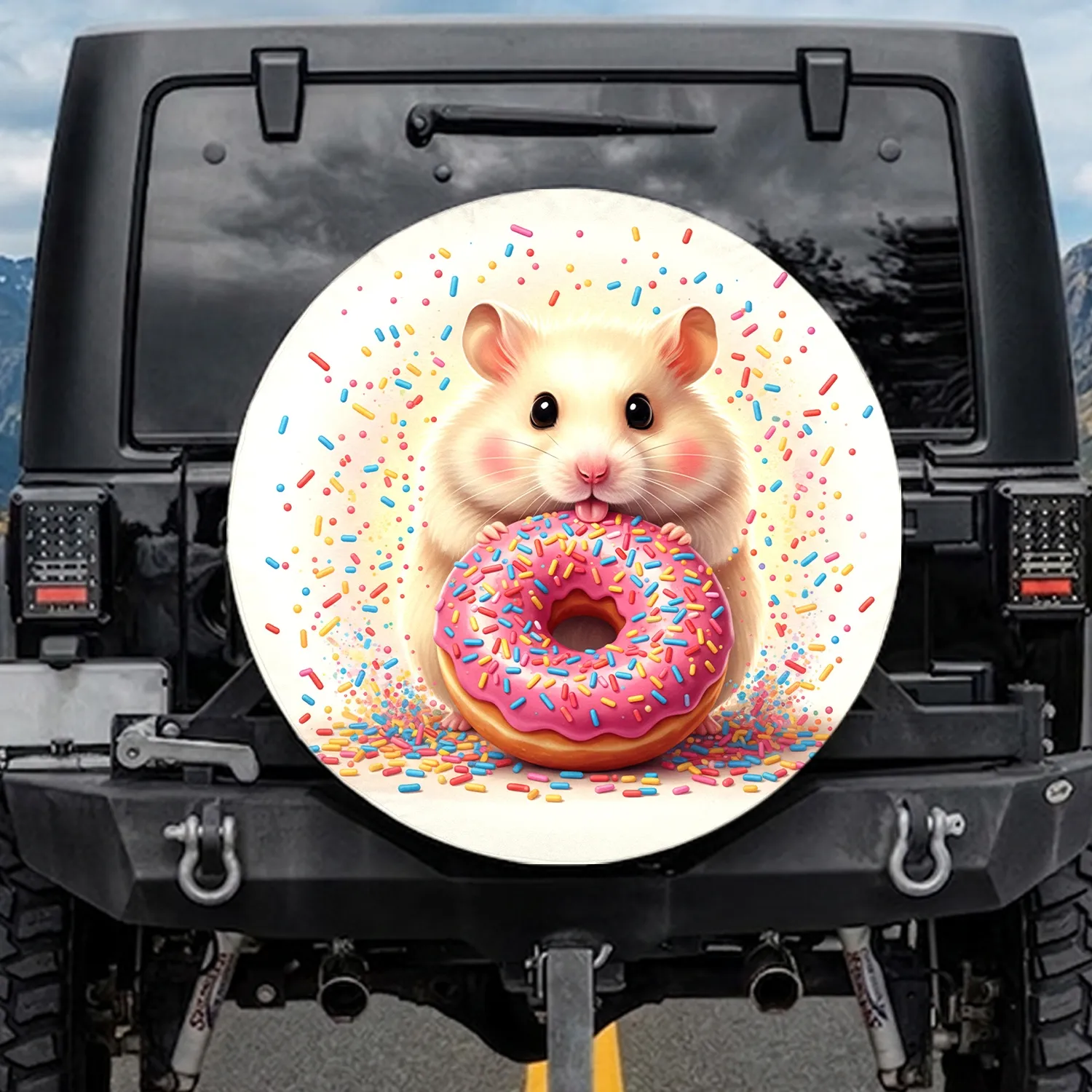 Fluffy Hamster Donut Pink Frosting Sprinkles - Sweet Treat Lover Gift Spare Tire Cover - 1