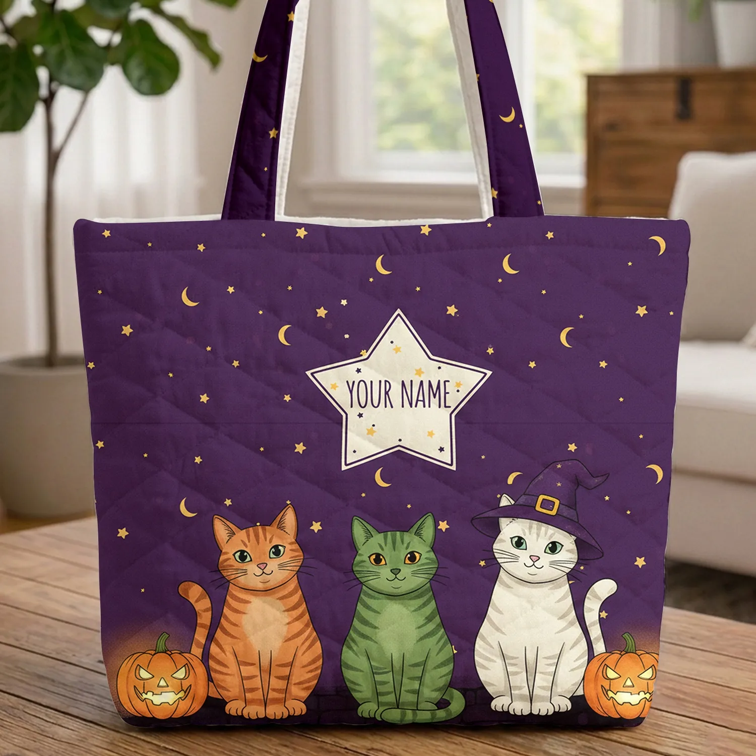 Personalized Star Name Halloween Cats Jack-o'-Lanterns Cat Lover Gift Quilted Tote Bag - 1