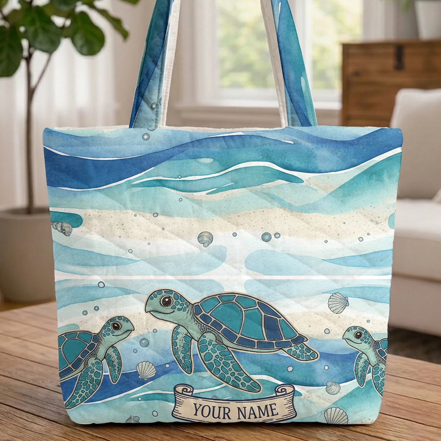 Sea Turtles Ocean Waves Seashells Starfish - Travel Essentials Ocean Lover Gift Quilted Tote Bag - 1