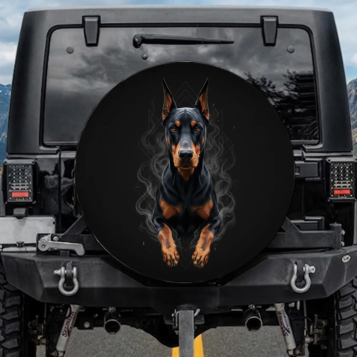 Black Doberman Pinscher Rust Red Markings Intense Gaze - Dog Lover Lifestyle Gift Spare Tire Cover - 1