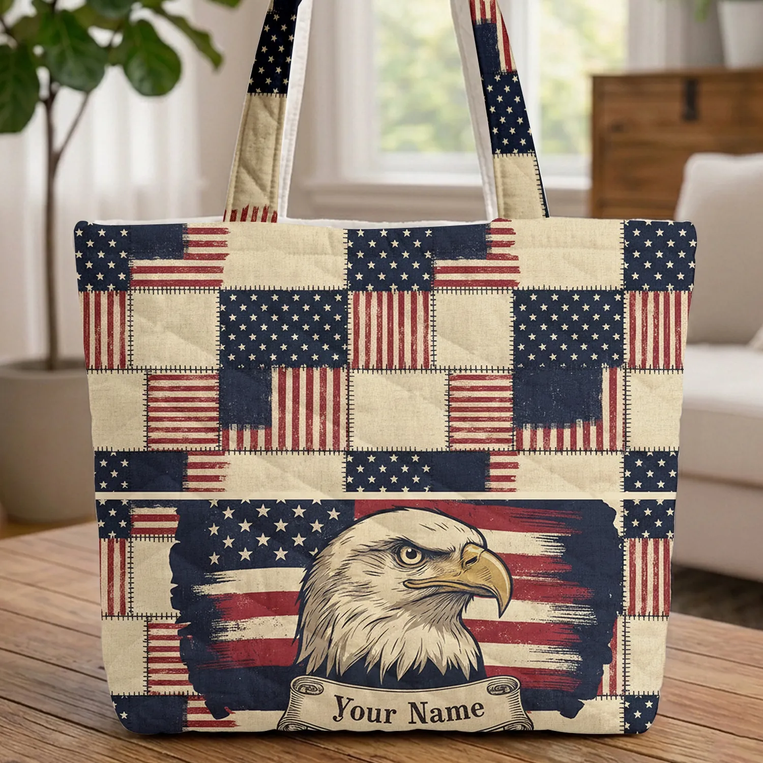 Bald Eagle American Flag Scroll Name - Everyday Travel Essentials Gift for Veterans Quilted Tote Bag - 1