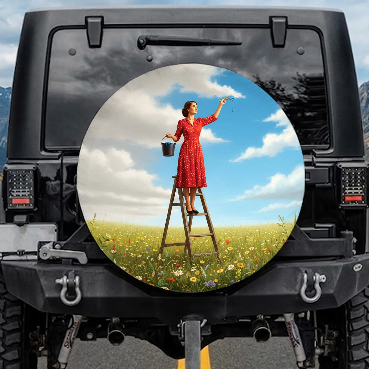 Woman in Red Dress Painting Blue Sky, Wildflower Field – Creative Spirit Car Decor Gift Spare Tire Cover - 1