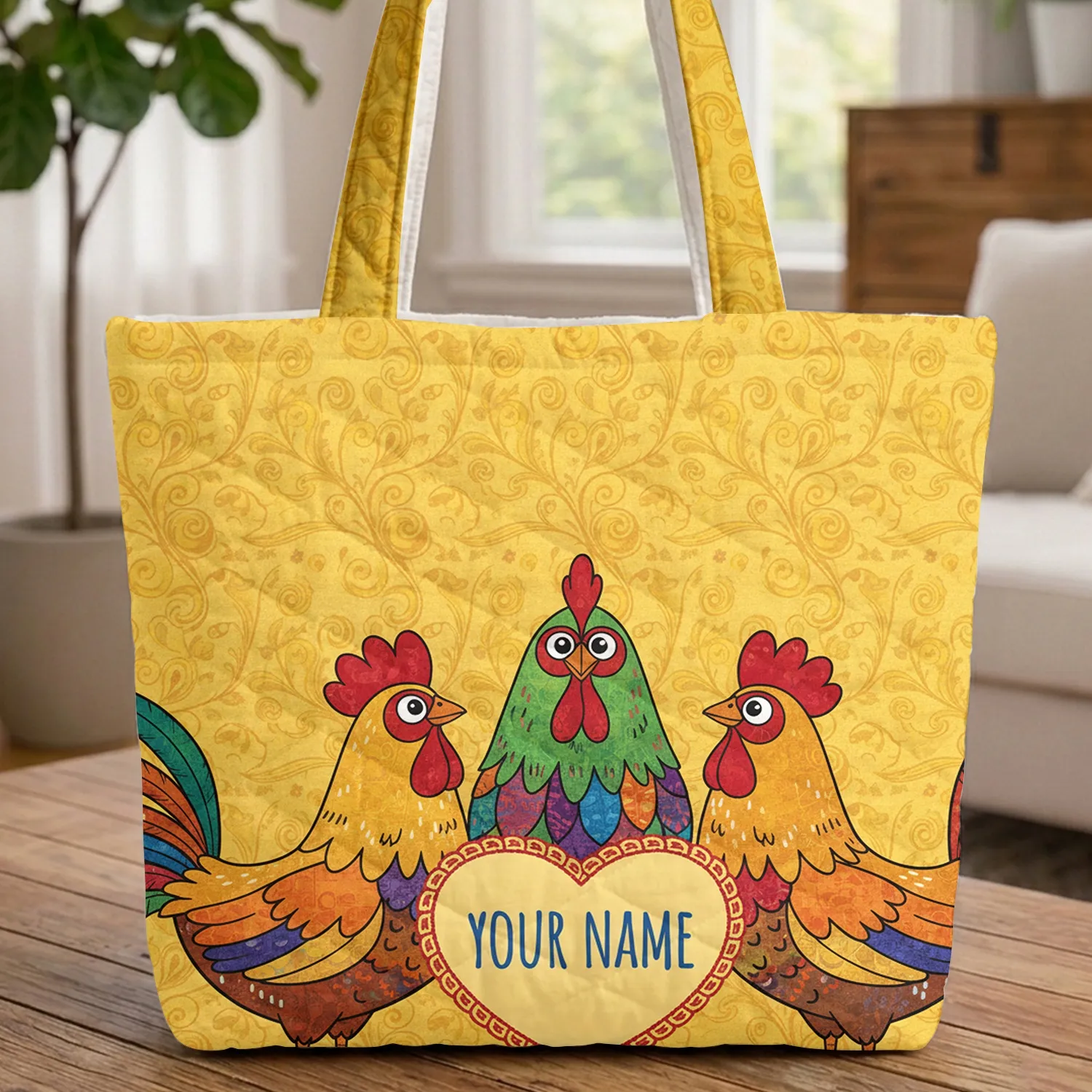 Roosters Hens Your Name Heart Everyday Carry Gift for Chicken Lover Quilted Tote Bag - 1