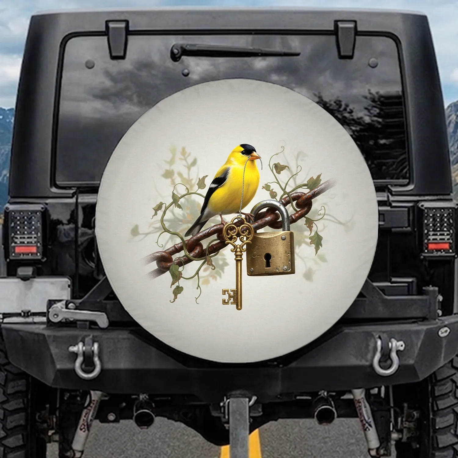 American Goldfinch Golden Key Rusty Chain Weathered Padlock - Wildlife Treasure Gift Spare Tire Cover - 1