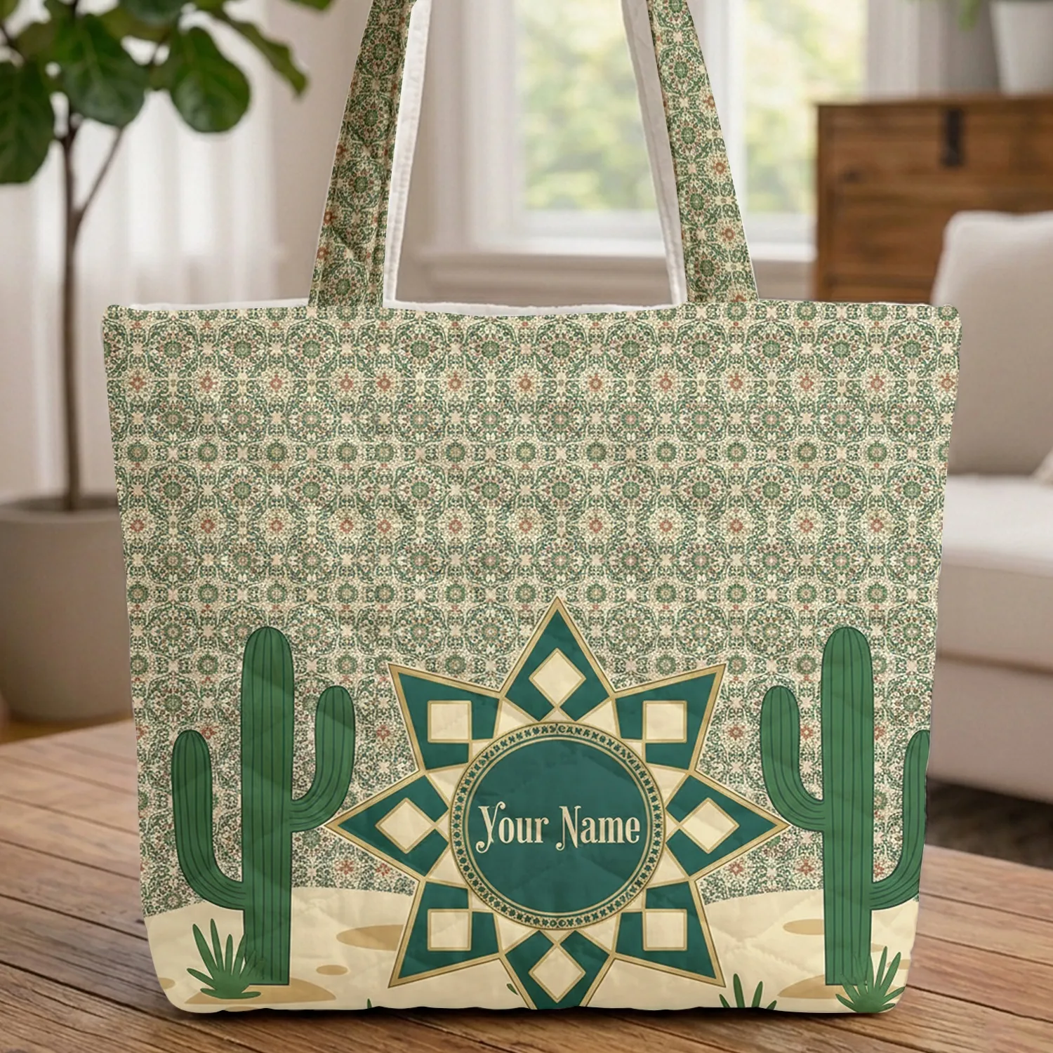 Moroccan Floral Star Saguaro Cactus - Desert Lover Everyday Carry Gift Quilted Tote Bag - 1