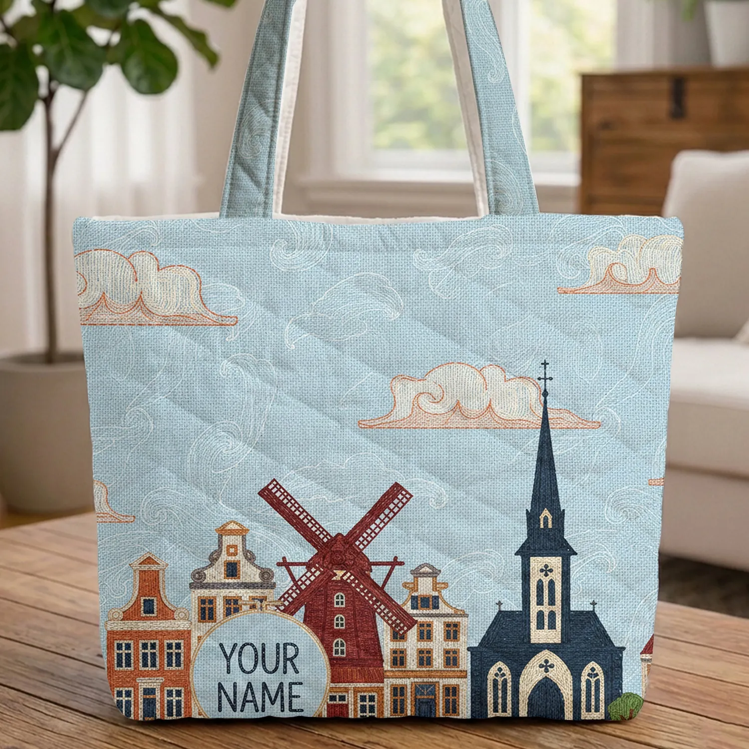 Dutch Windmill Red Sails Canal House Church Wispy Sky Scene - Travel Essentials Gift Quilted Tote Bag - 1