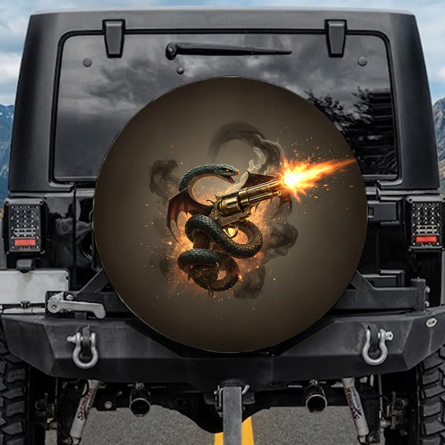 Winged Dark Snake Golden Pistol Muzzle Flash - Auto Enthusiast Road Trip Gift Spare Tire Cover - 1