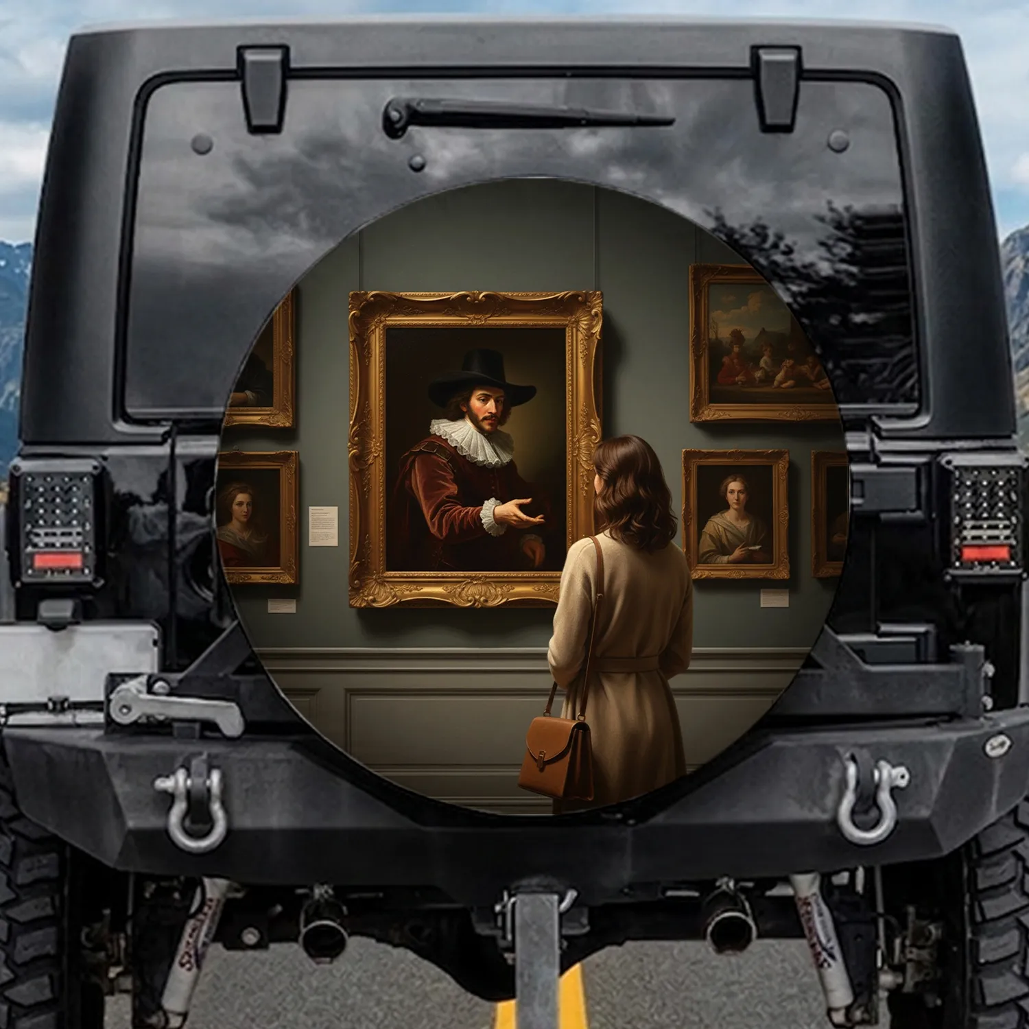 Surreal Classical Painting Man Woman Gold Frame Art Gallery Spare Tire Cover - 1