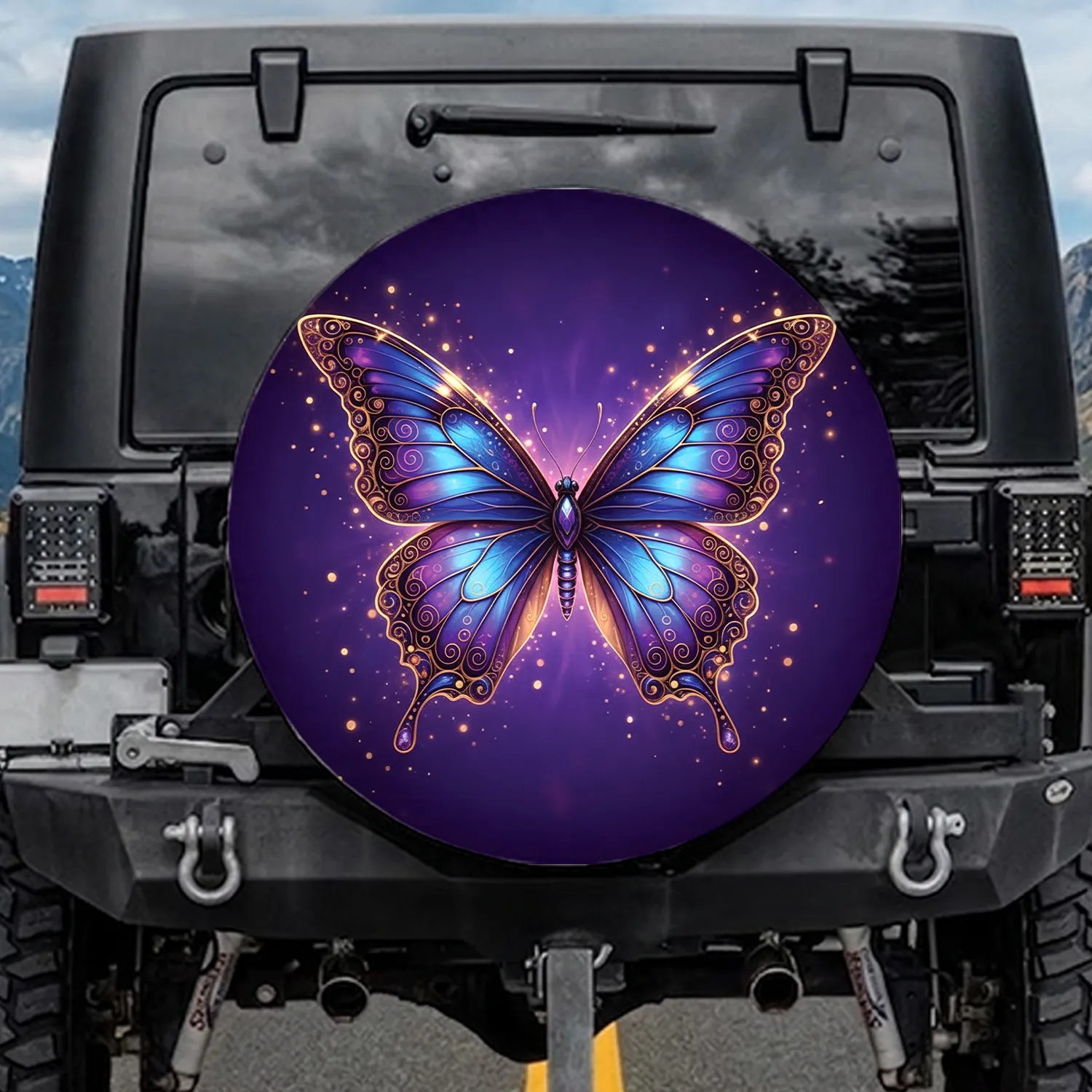 Golden Filigree Scrollwork Butterfly Jewel - Luxury Vehicle Accent Gift Spare Tire Cover - 1