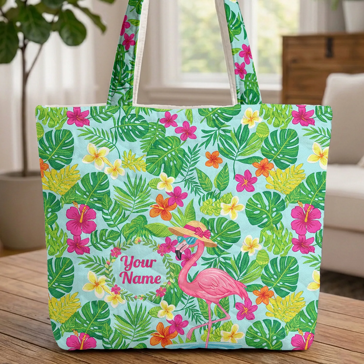 Flamingo Tropical Floral Personalized Name - Travel Essentials Quilted Tote Bag - 1