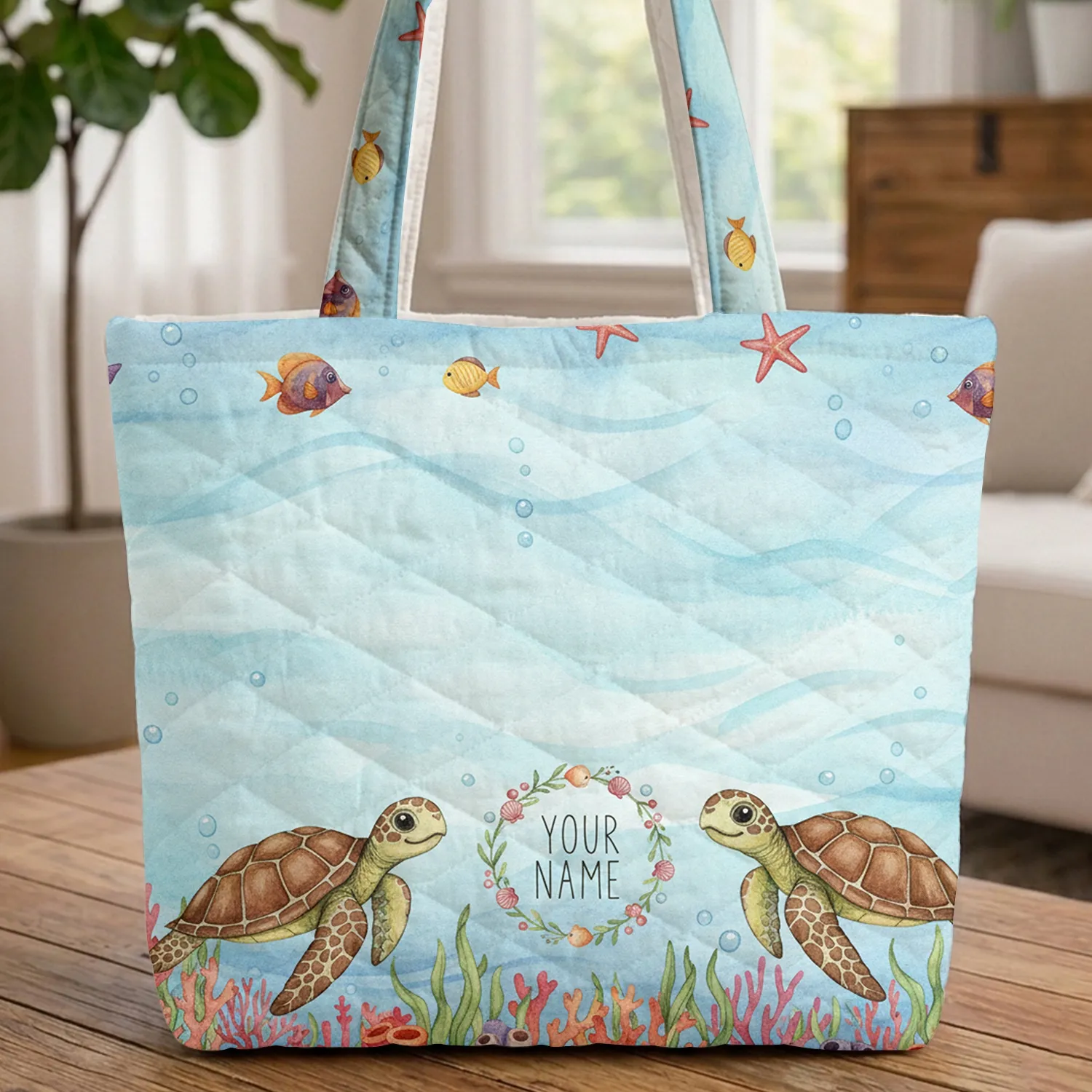 Sea Turtles Tropical Fish Coral Reef - Ocean Lover Everyday Carry Gift for Child Quilted Tote Bag - 1