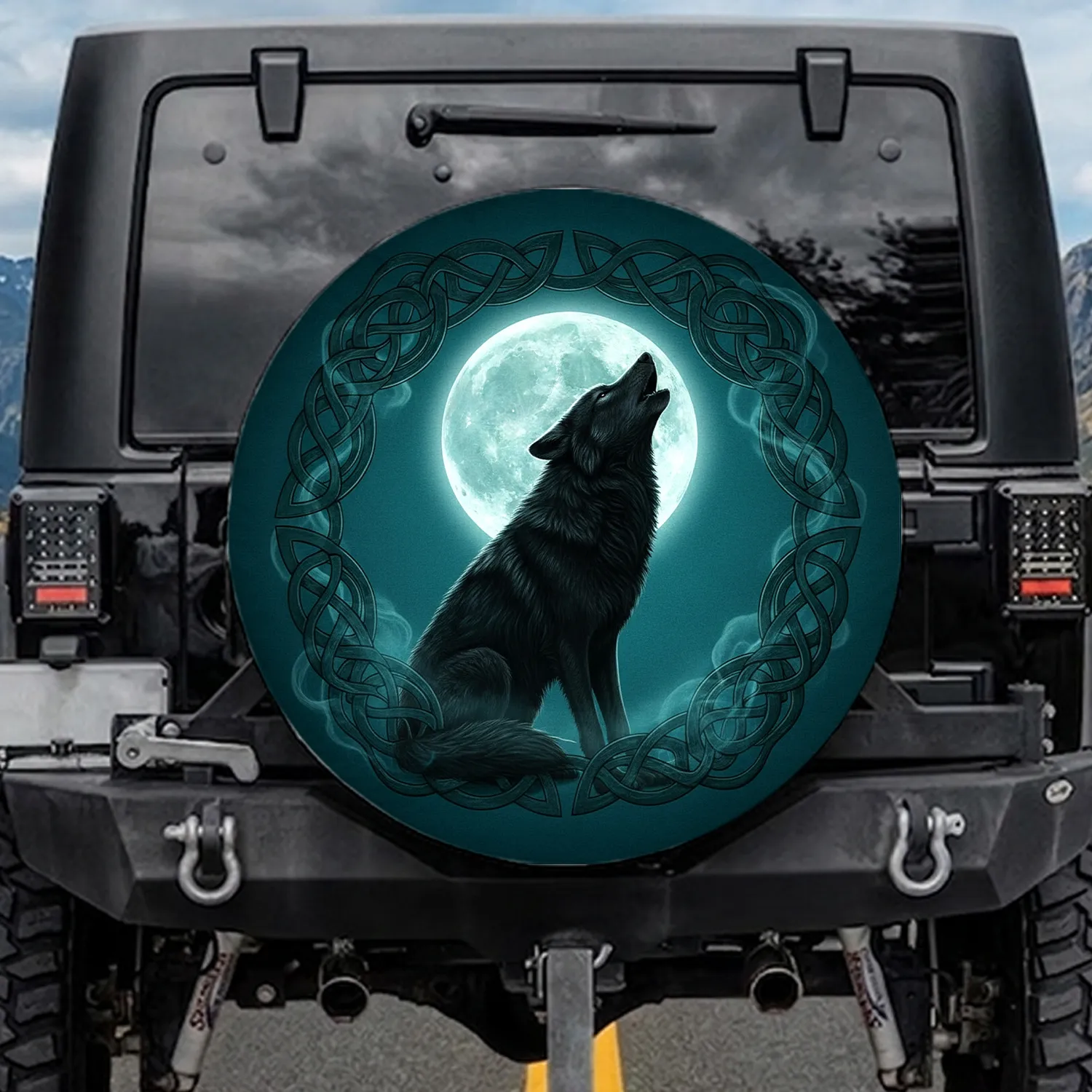 Howling Black Wolf Full Moon Celtic Knotwork - Wildlife Lover Gift Spare Tire Cover - 1