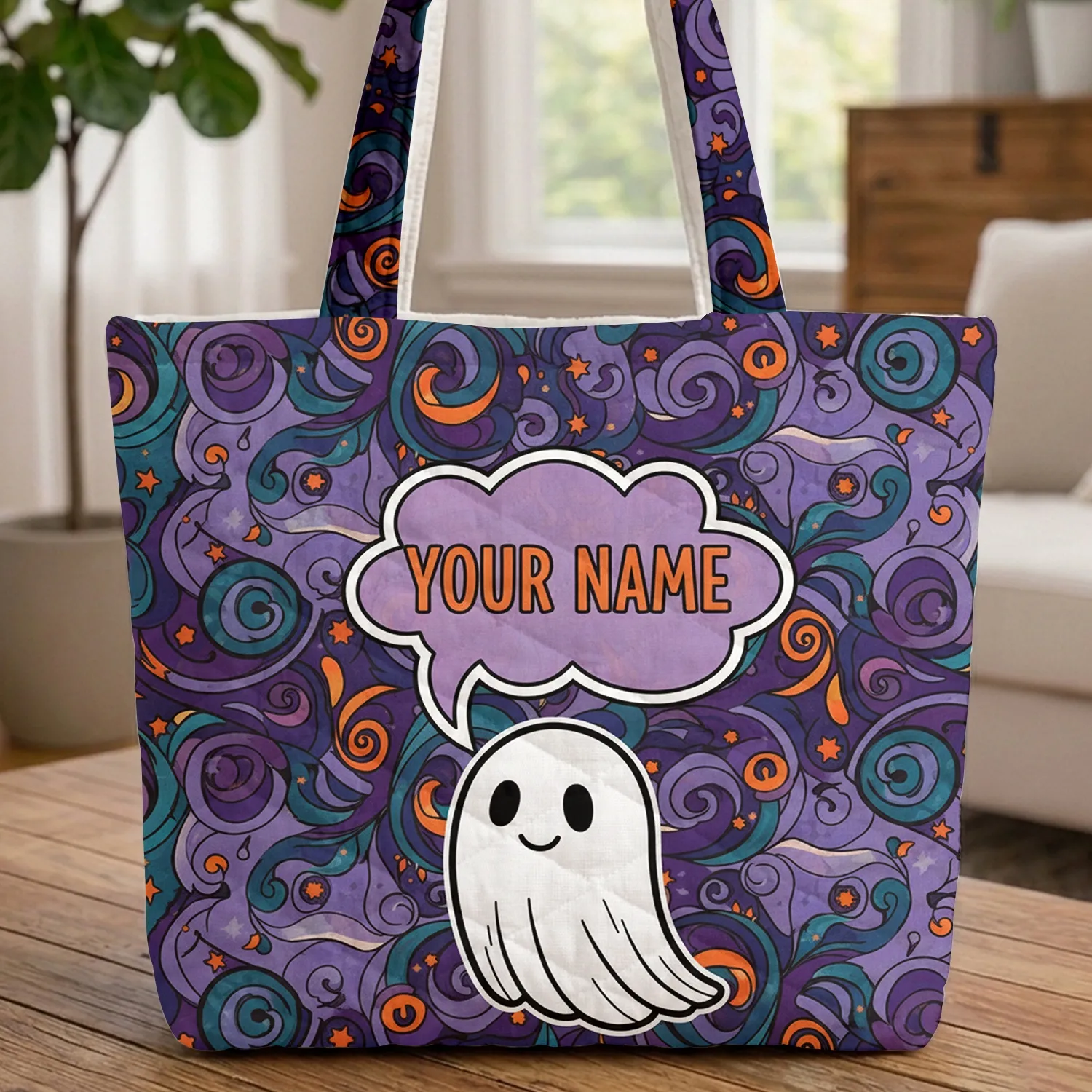 Whimsical Ghost Speech Bubble Personalized Stars Everyday Carry Gift Quilted Tote Bag - 1