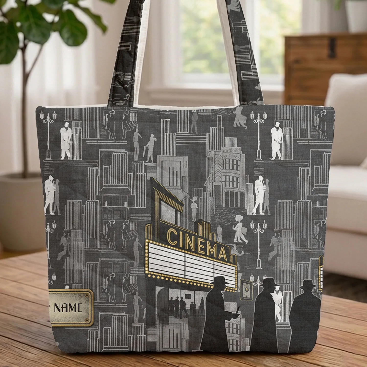 Silhouetted Men Fedoras Cinema Marquee Art Deco City - Movie Lover Everyday Carry Gift Quilted Tote Bag - 1