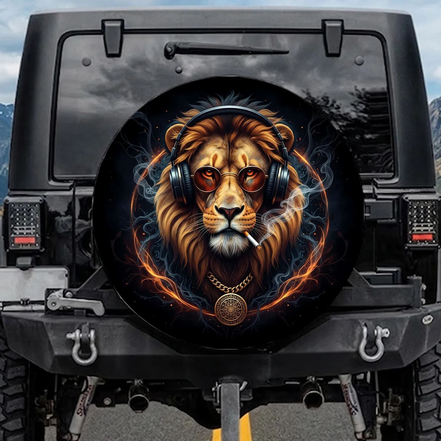 Lion Head Headphones Sunglasses Gold Chain Cigarette Smoke - Music Lover Car Accessory Spare Tire Cover - 1