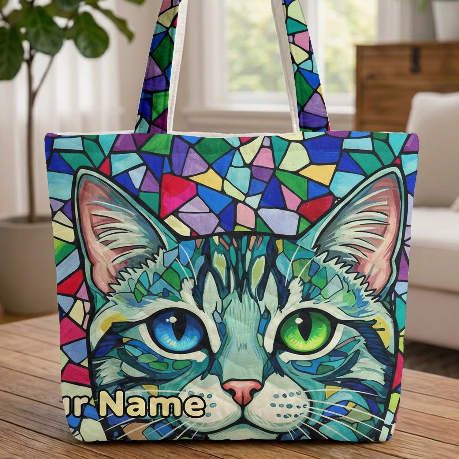 Cat Face Stained Glass Patchwork Everyday Carry Gift for Cat Lover Quilted Tote Bag - 1