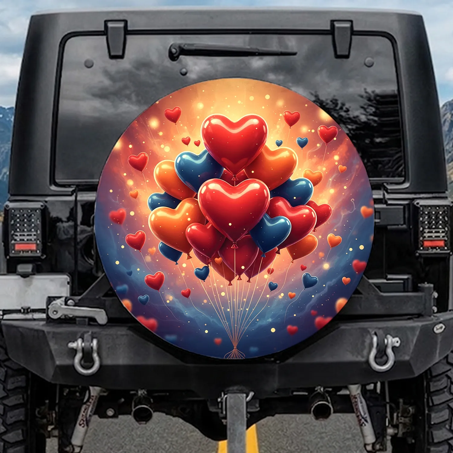 Vibrant Heart Balloons Floating Sparkles Glowing Bokeh - Celebration Gift Spare Tire Cover - 1