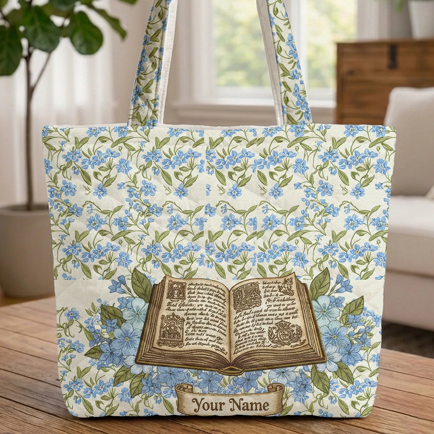 Gold Cover Ornate Open Book Curved Scroll Blue Flowers Green Foliage - Everyday Carry Gift Quilted Tote Bag - 1