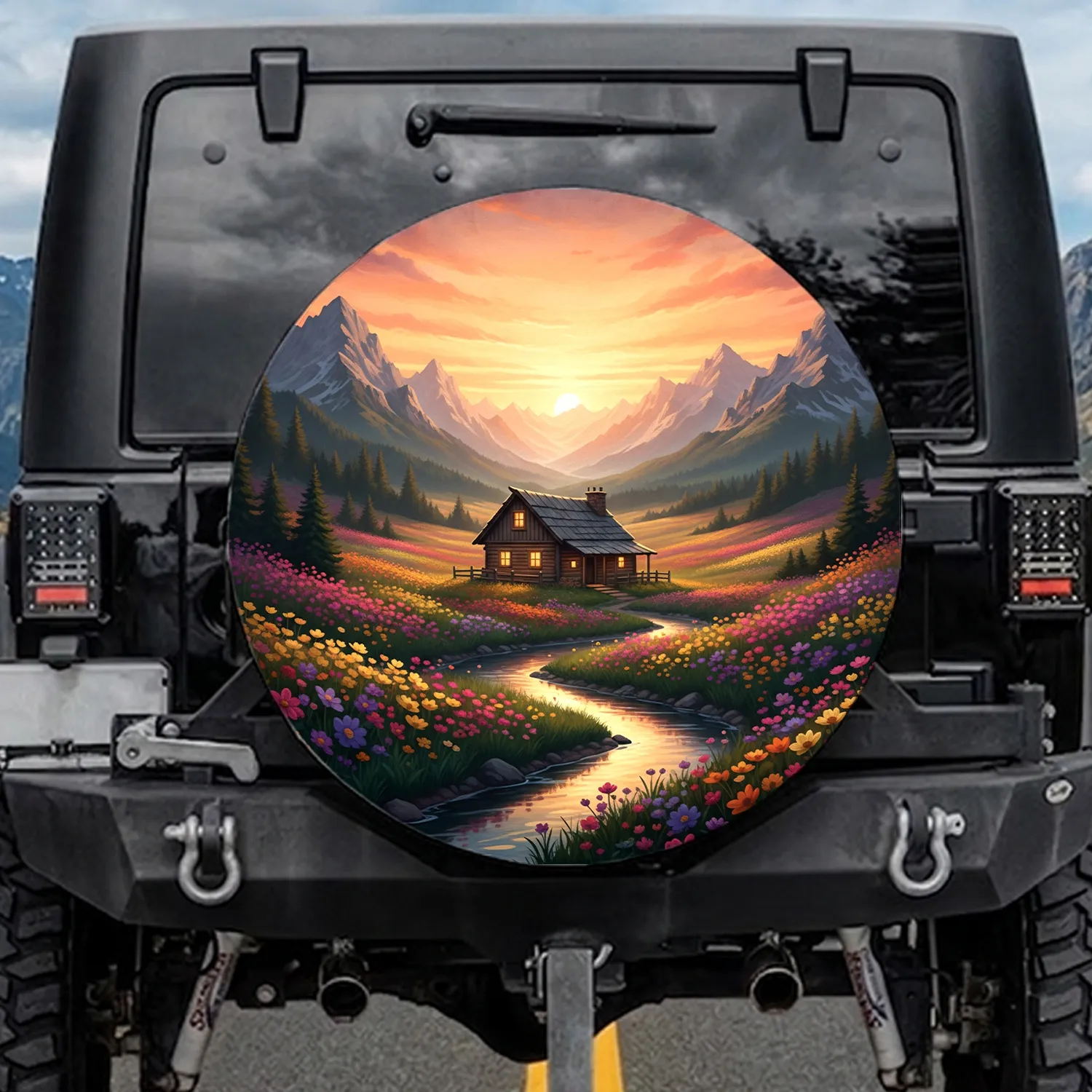 Rustic Cabin Wildflower Meadow Mountain Sunset - Nature Lover Gift Spare Tire Cover - 1