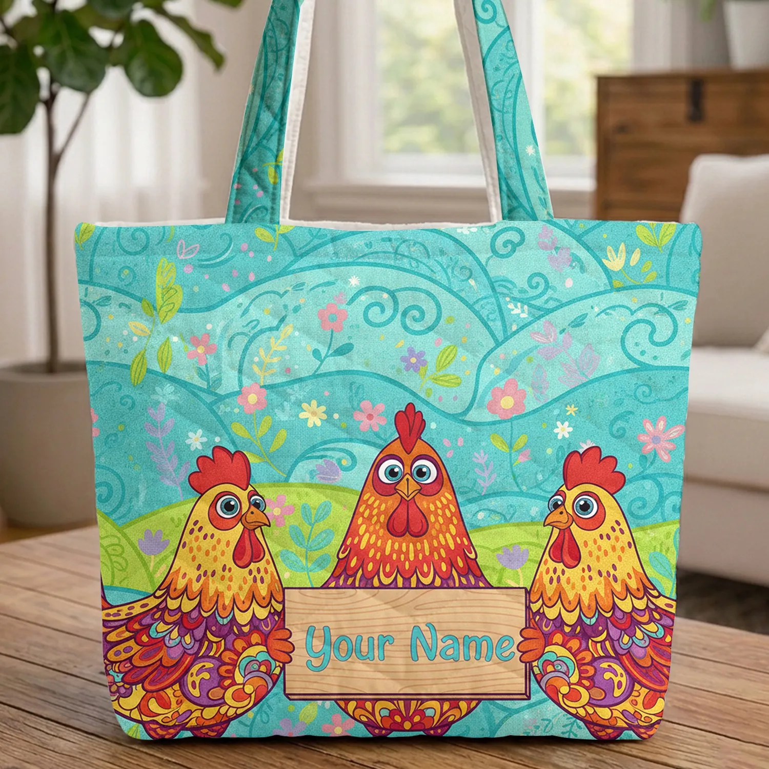 Floral Chickens Blue Eyes Red Combs Wood Sign Clouds Grassy Fields - Everyday Carry Gift Quilted Tote Bag - 1