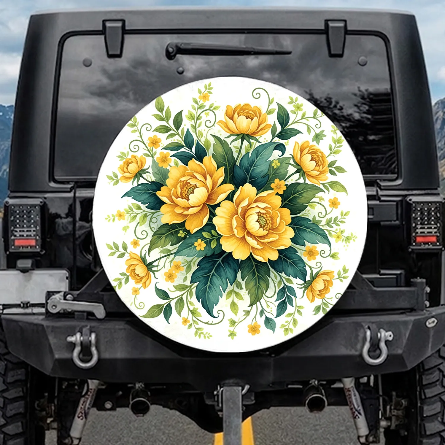 Multi-Petaled Yellow Flowers Teal Green Leaves Foliage Tendrils - Vehicle Accent Gift Spare Tire Cover - 1