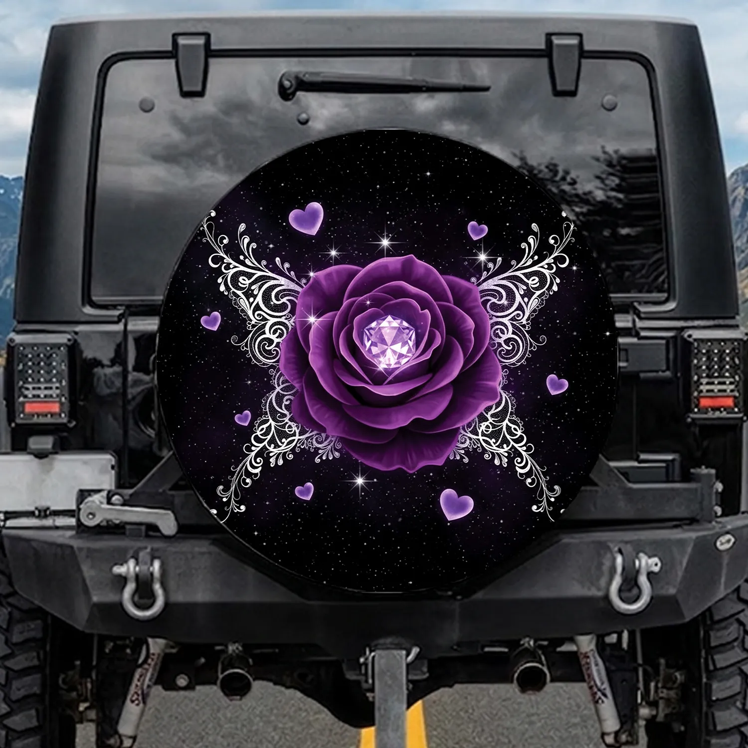 Purple Rose Violet Crystal Lace Cosmic Galaxy Starburst - Car Decor Gift Spare Tire Cover - 1