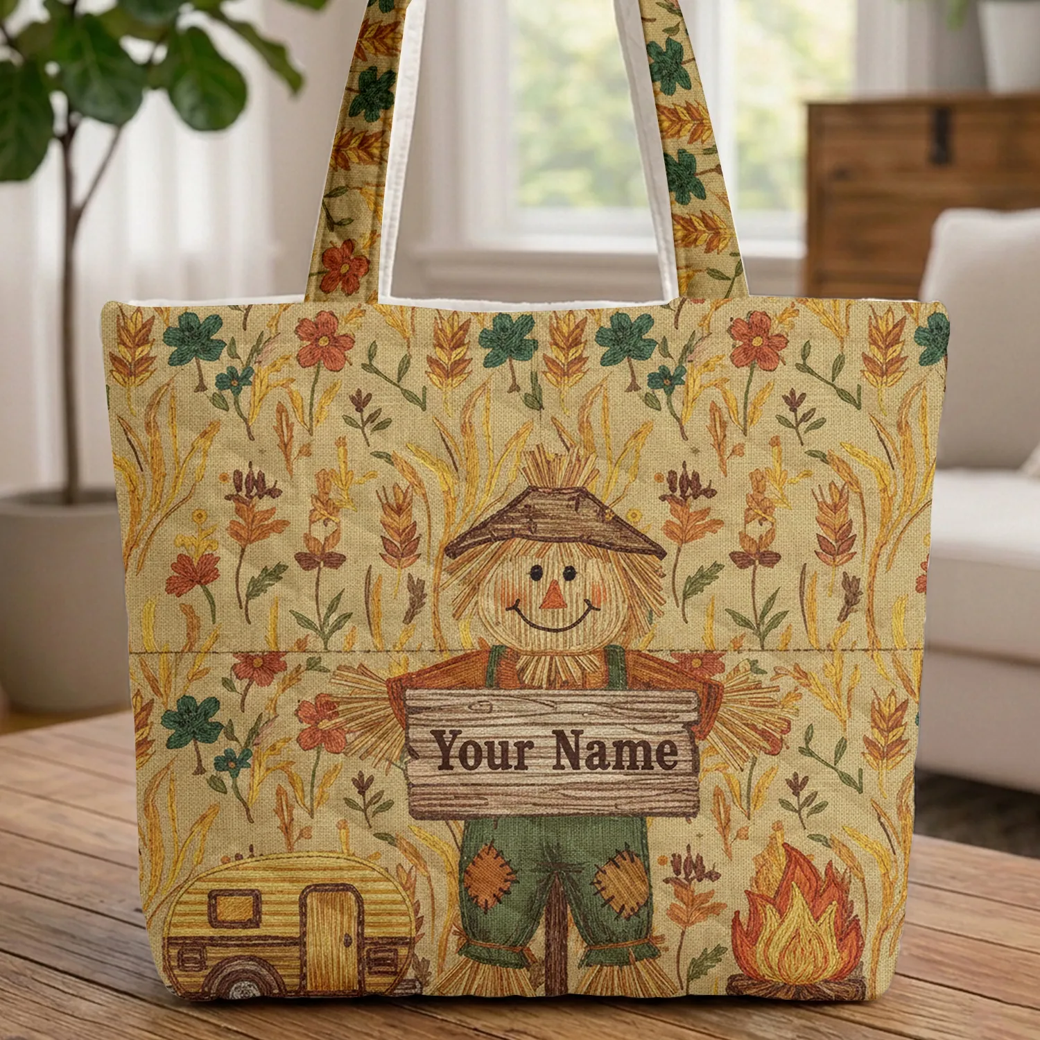 Wooden Sign Camper Van Scarecrow Campfire Wildflowers - Travel Essentials Gift for Camper Lover Quilted Tote Bag - 1