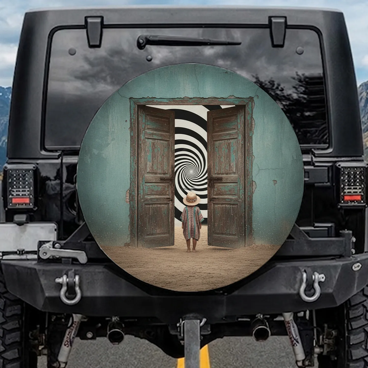 Child Rustic Wooden Door Black White Spiral Vortex - Surreal Car Decor Gift Spare Tire Cover - 1