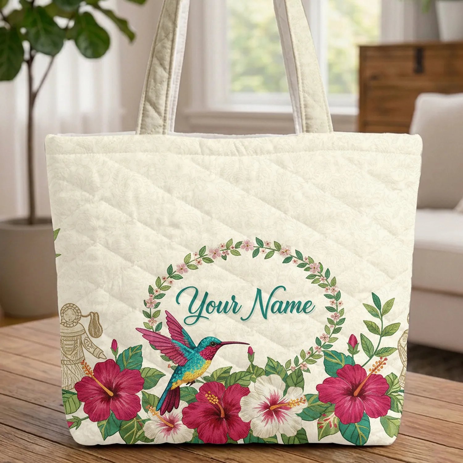 Hummingbird Hibiscus Floral Botanical - Wildlife Lover Everyday Carry Gift Quilted Tote Bag - 1