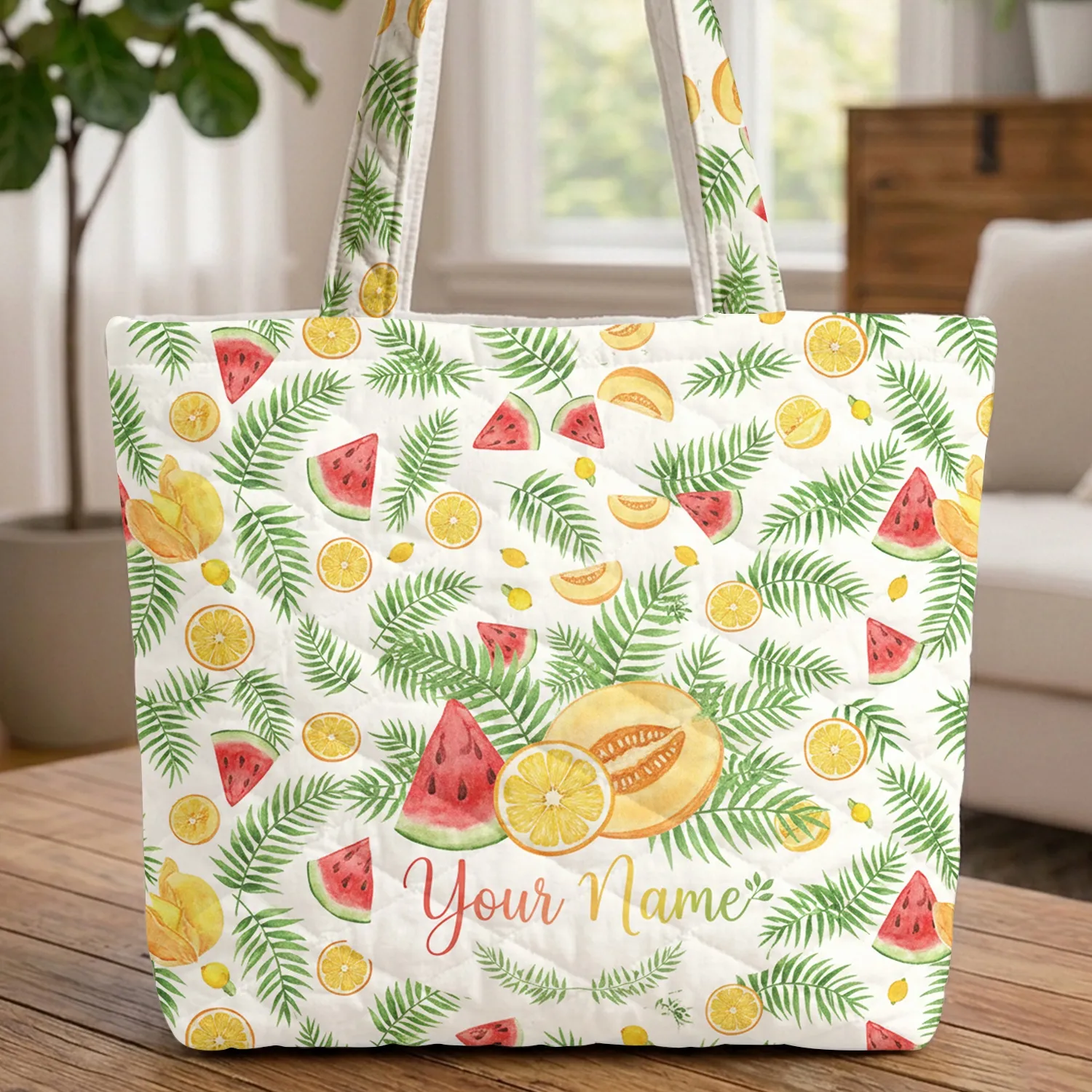 Tropical Watermelon Cantaloupe Citrus Fern Garland - Everyday Carry Gift Quilted Tote Bag - 1