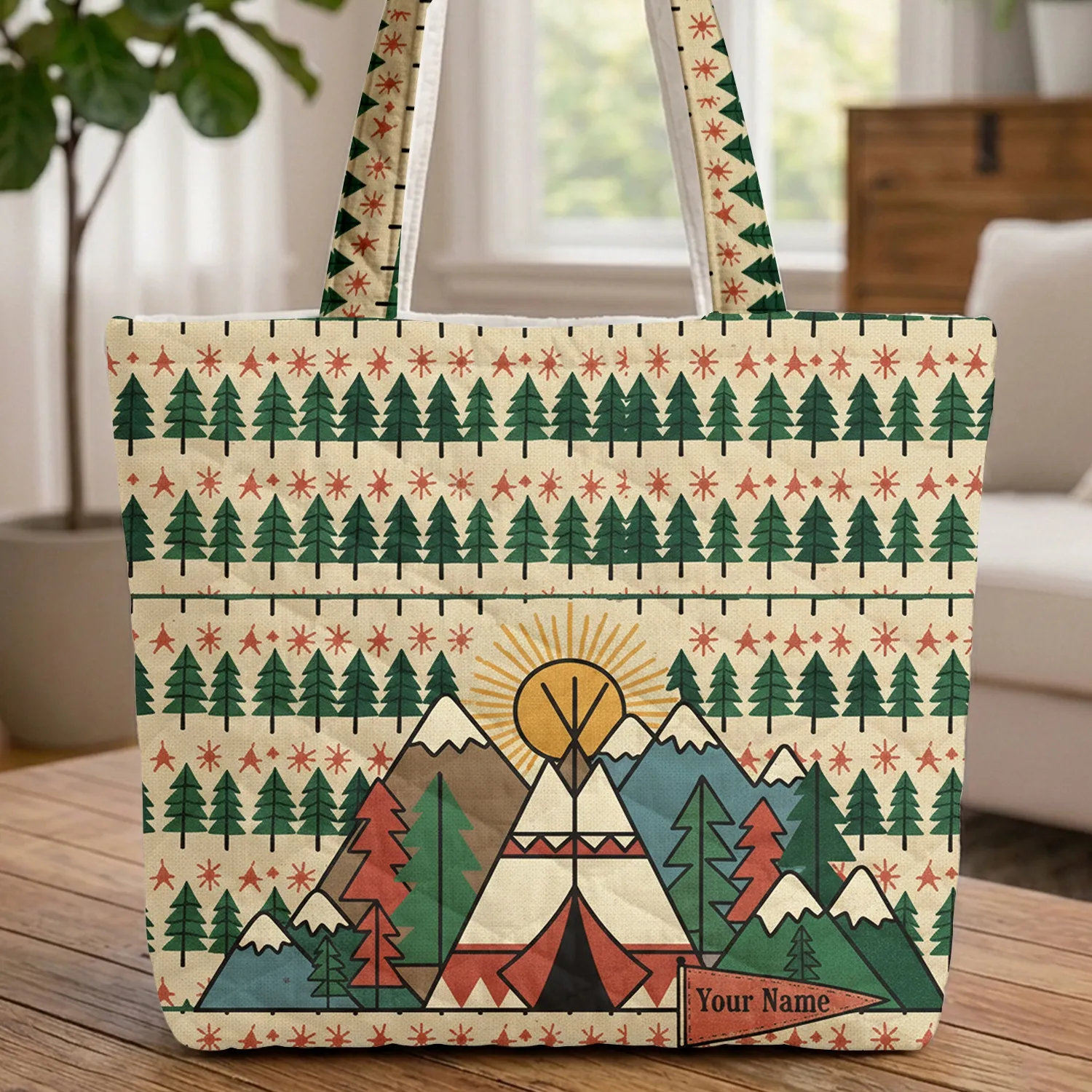 Personalized Teepee Mountain Sun - Everyday Carry Gift for Adventure Seeker Quilted Tote Bag - 1