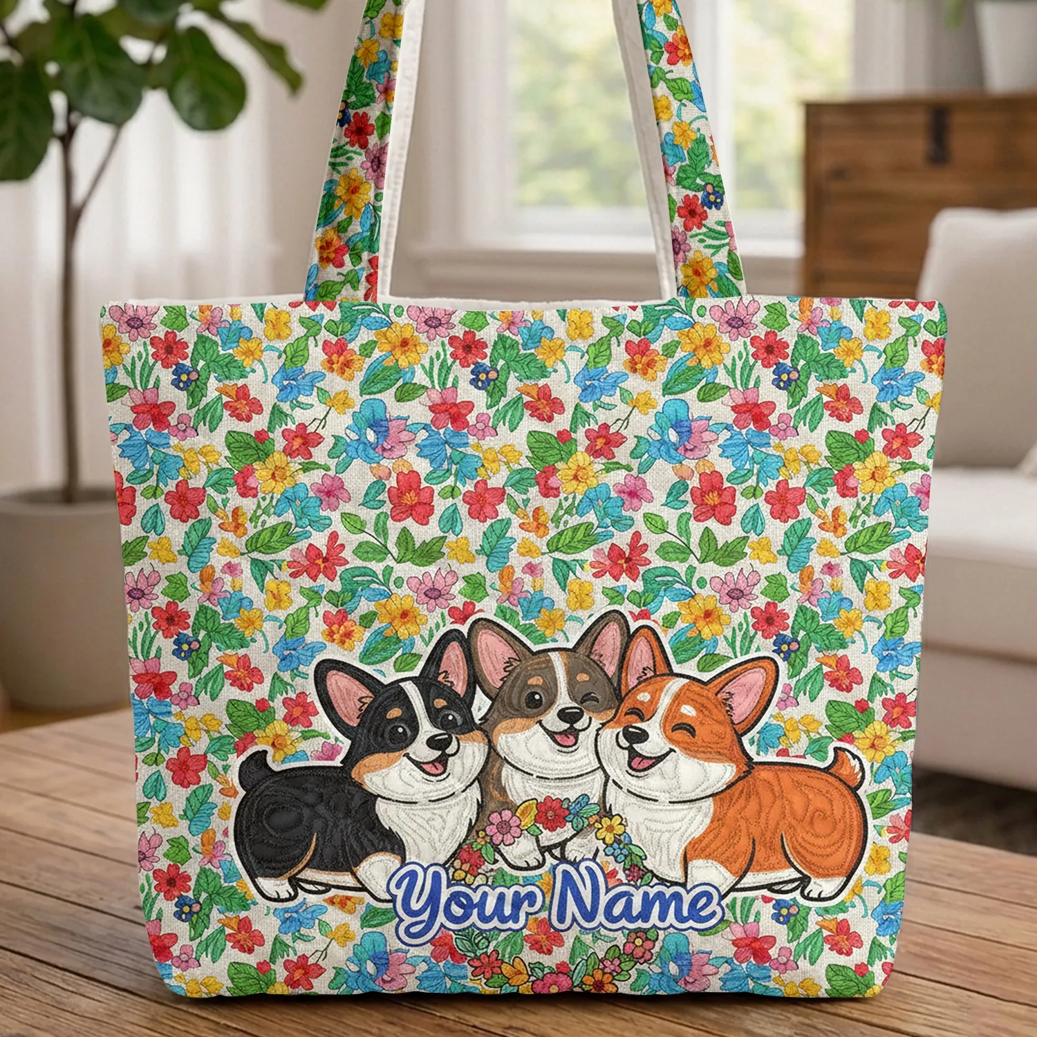 Pembroke Welsh Corgi Wildflower Floral Wreath - Everyday Carry Gift for Corgi Lover Quilted Tote Bag - 1