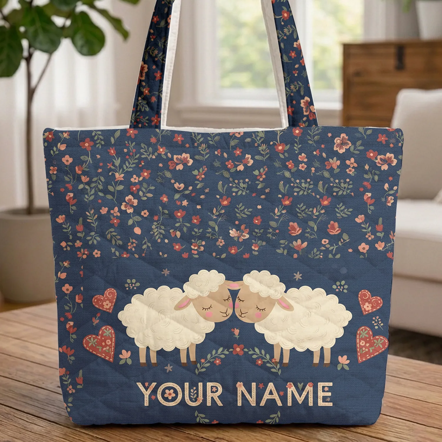 Blushing Sleepy Sheep Folk Art Floral Personalized Name Everyday Carry Gift for Kids Quilted Tote Bag - 1