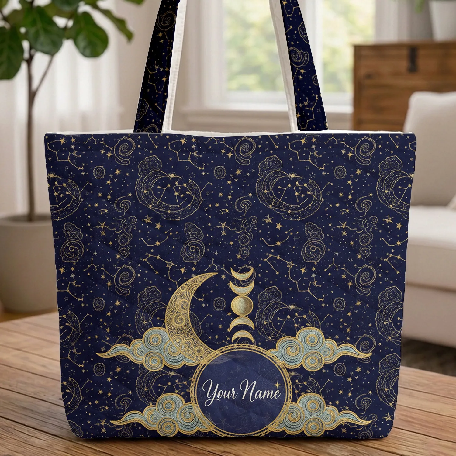 Moon Phases Crescent Star Constellations Ethereal Clouds Everyday Carry Gift Quilted Tote Bag - 1