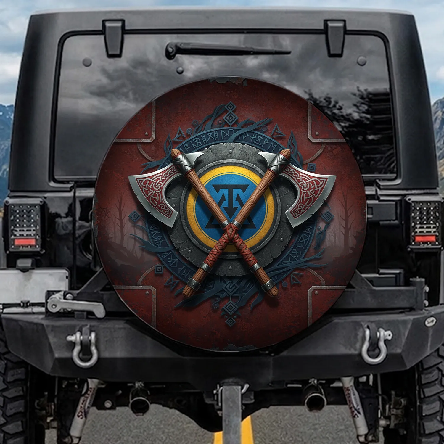 Crossed Norse Battle Axes Runic Shield - Ancient Warrior Car Decor Gift Spare Tire Cover - 1