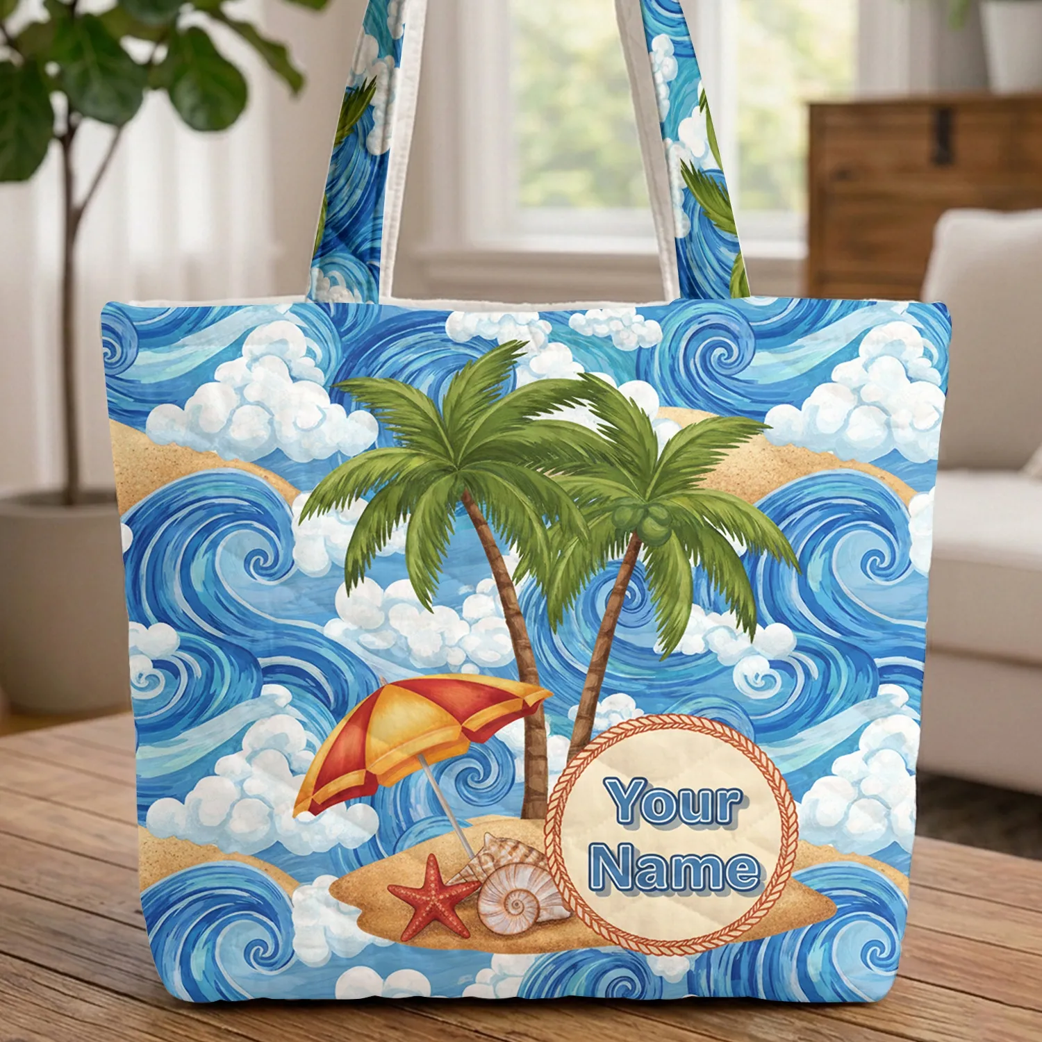 Beach Shells Starfish Umbrella Palm Trees Ocean Waves - Travel Essentials Gift for Beach Lovers Quilted Tote Bag - 1
