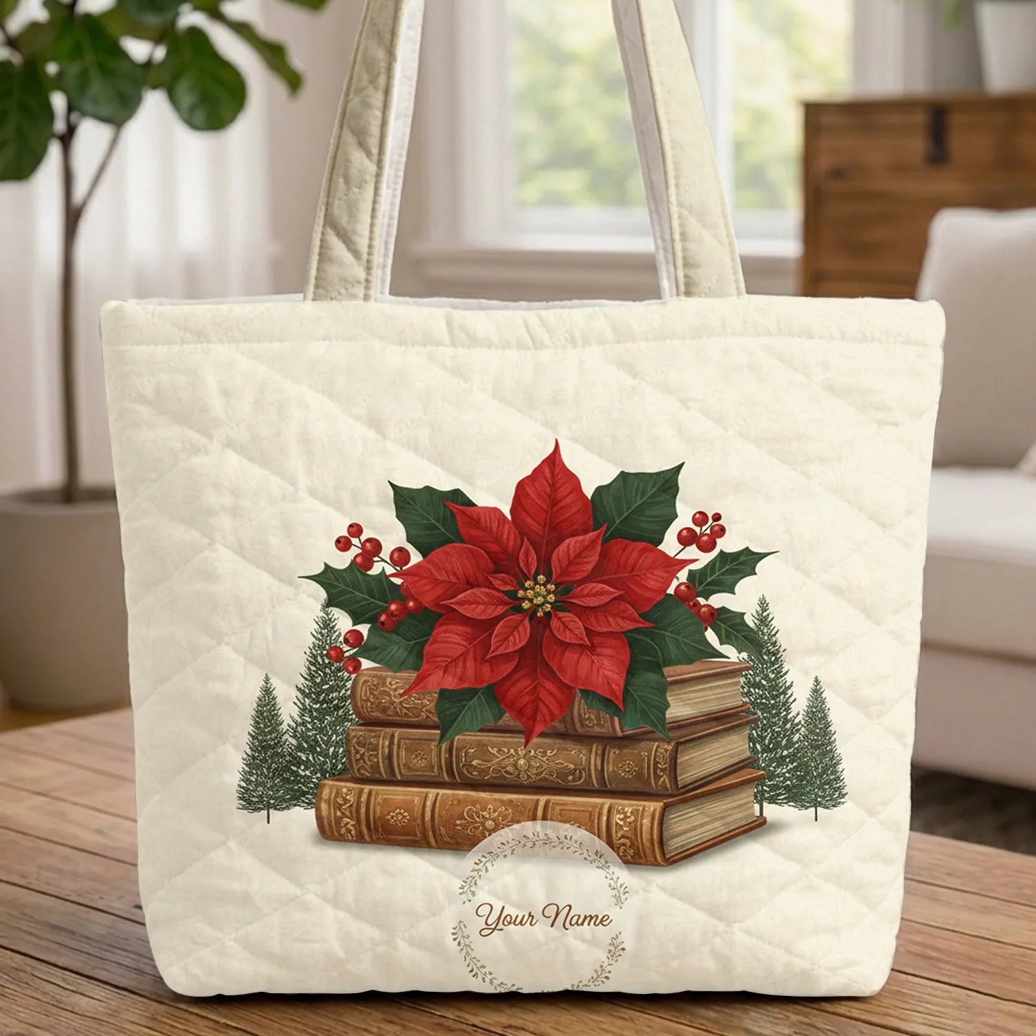 Poinsettia Holly Books Evergreen - Christmas Holiday Everyday Carry Gift Quilted Tote Bag - 1