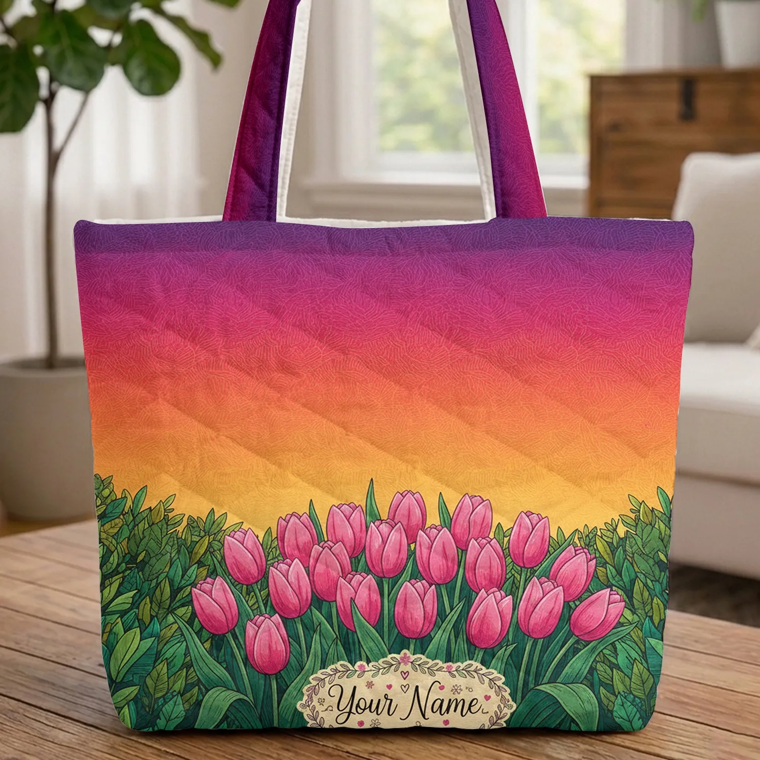 Sunset Sky Meadow Tulips Leaf Garland Hearts Stars - Everyday Carry Gift Quilted Tote Bag - 1
