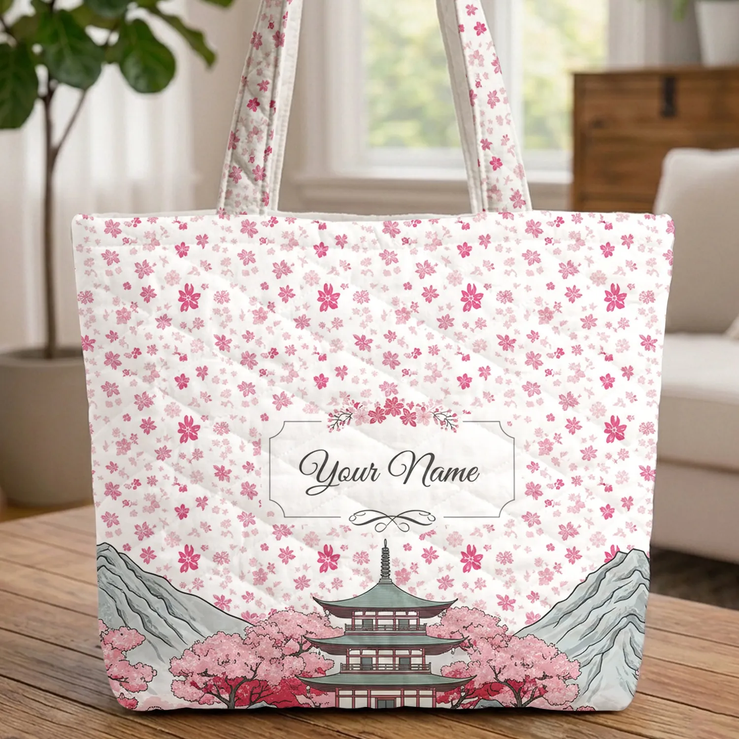 Japanese Pagoda Mountain Cherry Blossom Floral Wreath Personalized Name - Everyday Carry Gift Quilted Tote Bag - 1