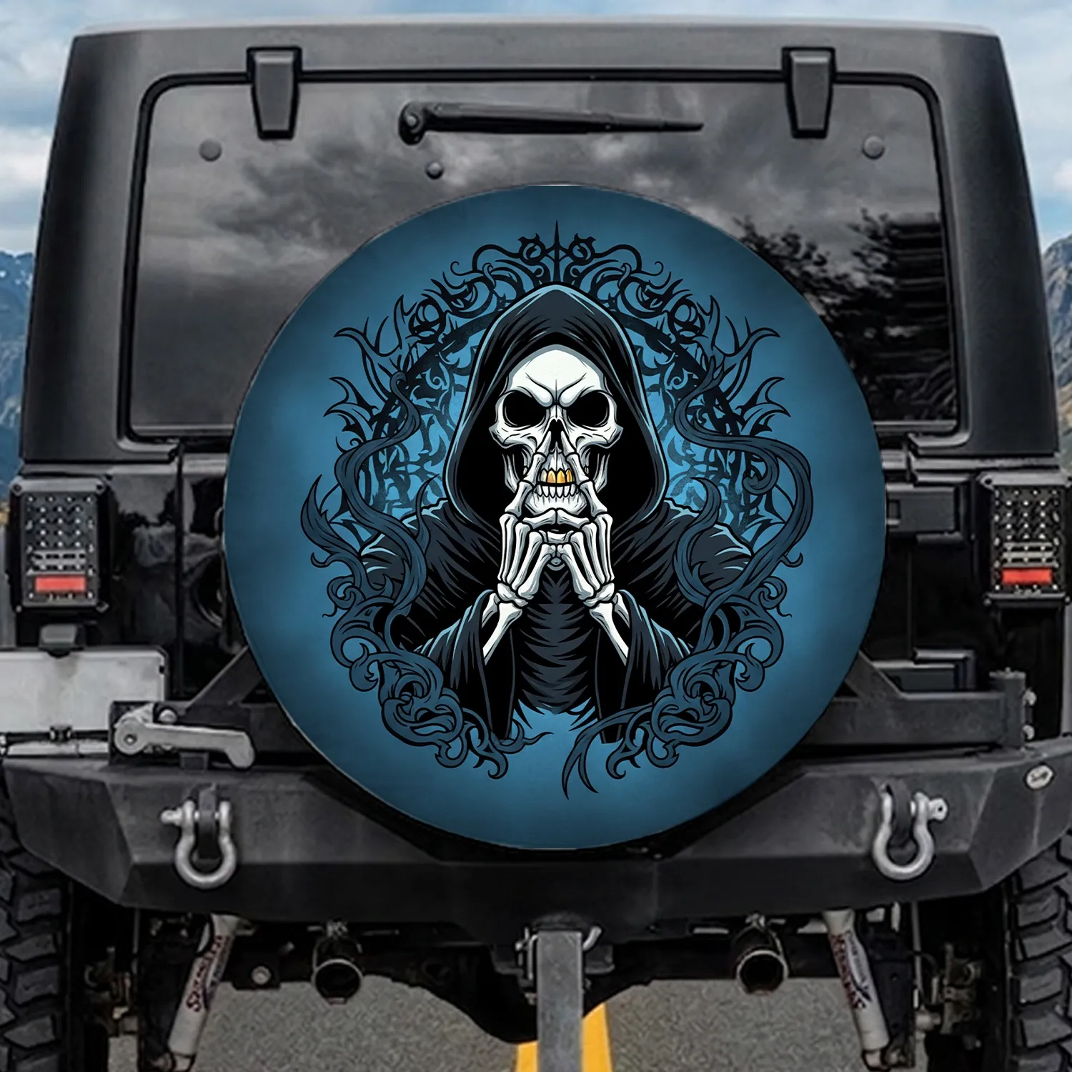 Gothic Grim Reaper Skeleton See No Evil Skull Golden Tooth - Car Decor Gift Spare Tire Cover - 1