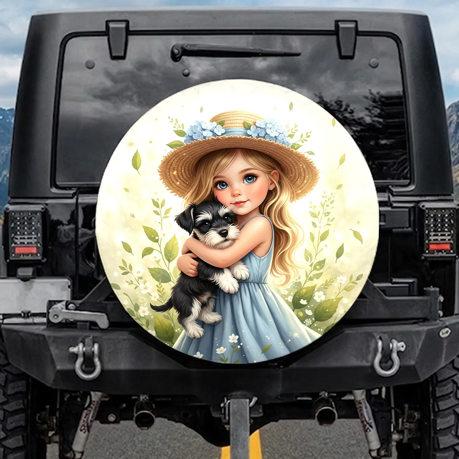 Blonde Girl Miniature Schnauzer Puppy Hydrangea - Dog Lover Gift Spare Tire Cover - 1