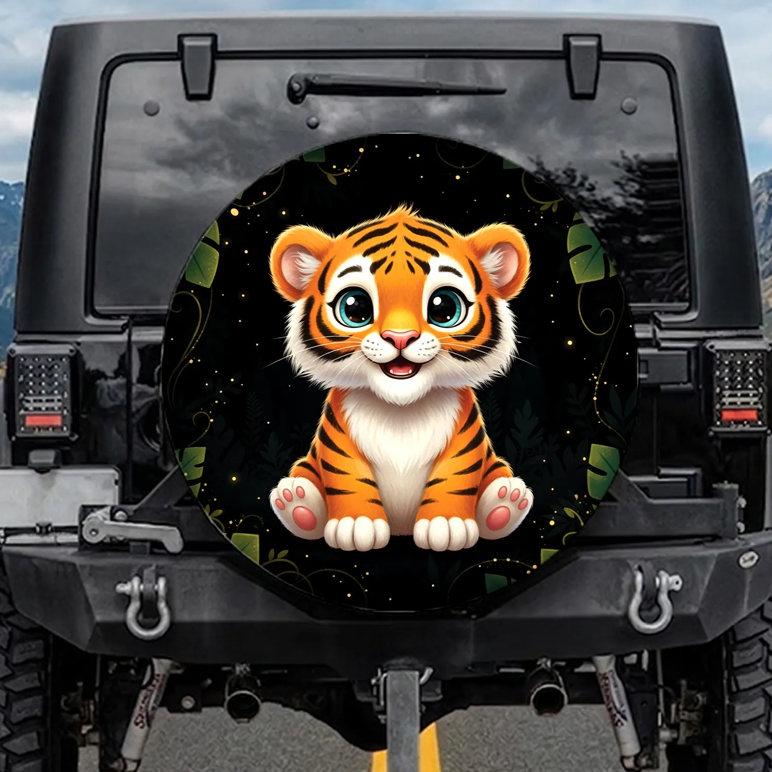 Fluffy Baby Tiger Cub Blue Eyes Jungle Night - Car Decor Gift for Animal Lover Spare Tire Cover - 1