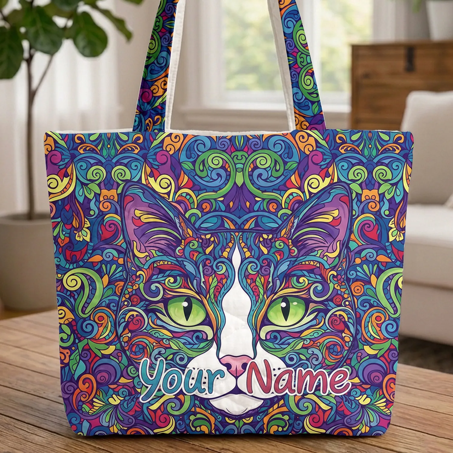 Organic Floral Leaf Cat Face Green Eyes - Everyday Carry Gift for Cat Lover Quilted Tote Bag - 1