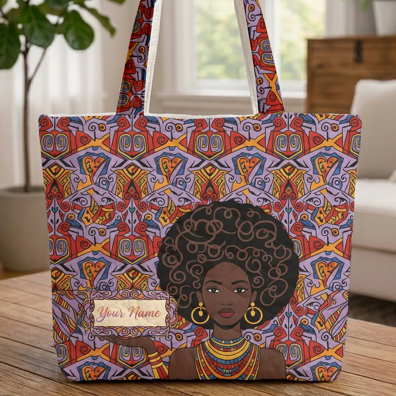 African Inspired Women Busts Tribal Jewelry Headwraps Curved Scroll Everyday Carry Gift Quilted Tote Bag - 1