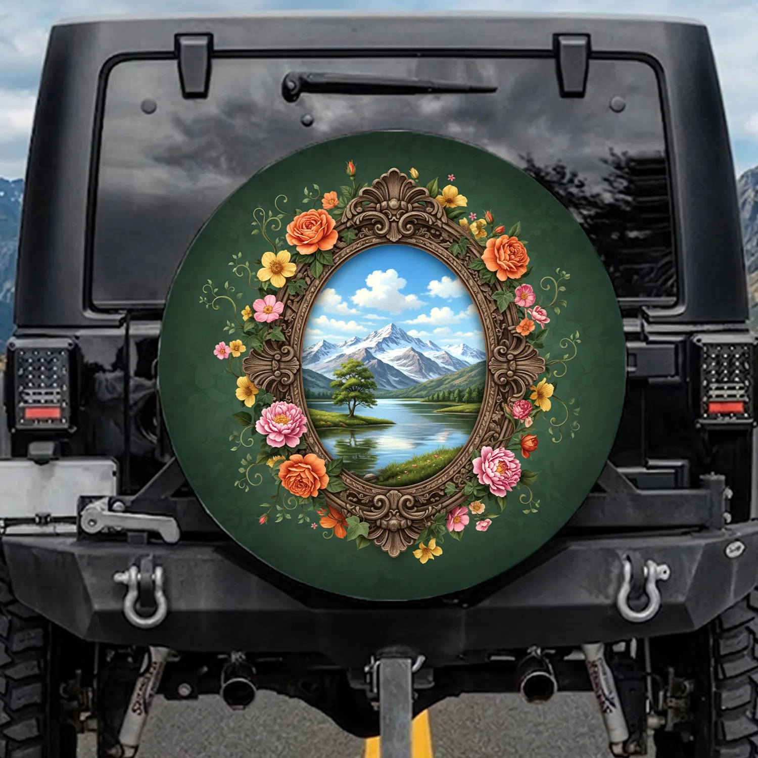 Snowy Mountain Lake Ornate Baroque Frame Wildflowers - Nature Lover Gift Spare Tire Cover - 1